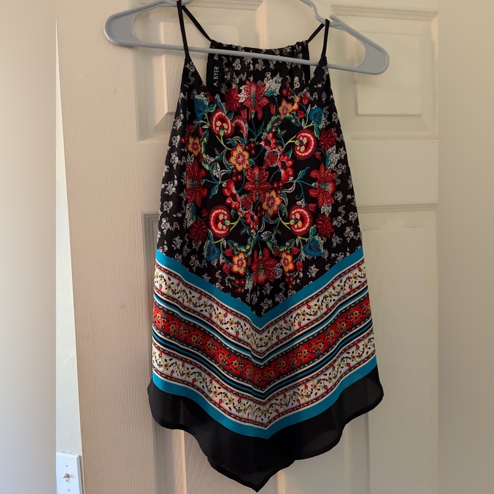 A. Byer Black Asymmetrical Top with Floral Design